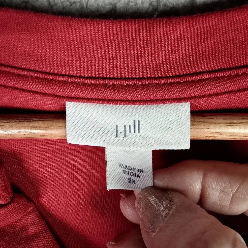 J Jill Womens Tunic Top 2X Red Cotton Blend V Neck Long Sleeve Plus Size Soft